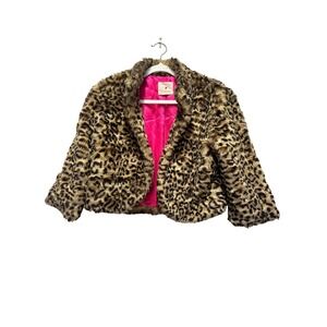 Forever 21 Leopard Faux Fur Jacket Hot Pink Lined Cropped Animal Print‎ Womens S